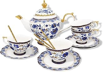 ACMLIFE Bone China Tea Set with Teapot, 13-Piece Blue and White Porcelain Tea Set for Adults, Vintage Floral Tea Sets for Women Tea Party or Gifts Giving
