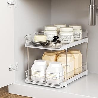 Delamu 2-Tier Multi-Purpose Bathroom Under Sink Organizer, Pull Out Cabinet Organizers and Storage, Stackable Kitchen Pantry Organization and Storage, Clear Under Cabinet Storage with Movable Dividers