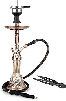 Hookah Set 25" Egyptian Style Hookah Complete Set with Everything, Shisha Accessories Includes Glass Vase, Clay Bowl, Leather Hookah Hose, Antique Bronze
