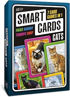 SMART CARDS Cats, Gift, Stocking Filler, Travel Game, 7 games in 1, Pairs, Snap, Trumps, Rummy, Memory Quiz, Learn Facts, Age 5+, 1-8 Players