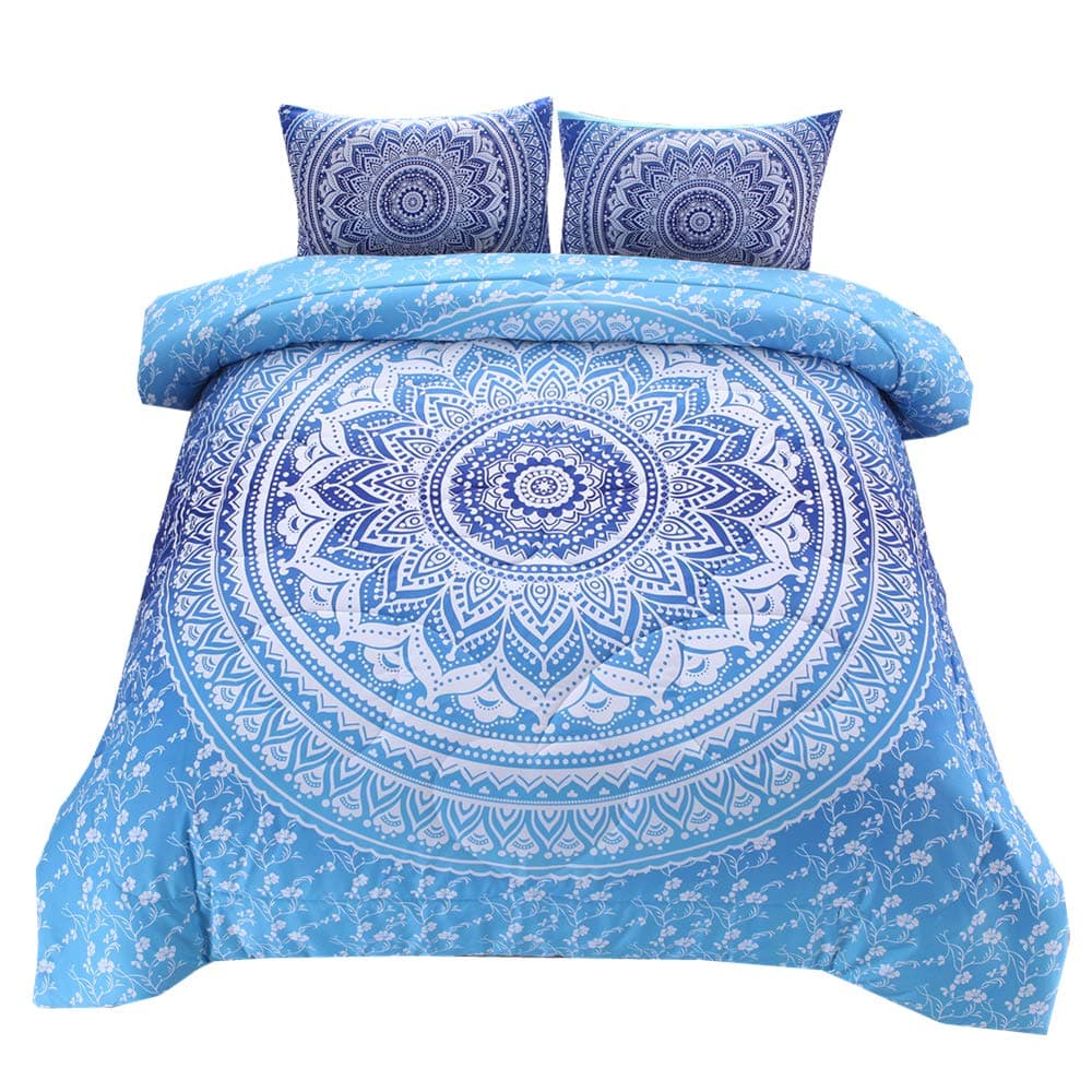 NTBED Bohemian Comforter Sets Queen Lightweight Soft 3-Piece Microfiber Bedding Boho Mandala Medallion Printed Quilt Set with 2 Matching Pillowcases (Blue, Queen)