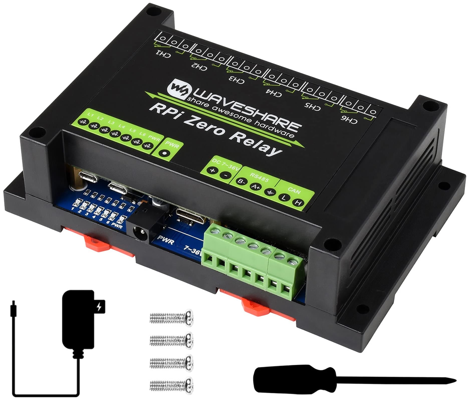 Waveshare Industrial 6-CH Relay Module for Raspberry Pi Zero, RS485/CAN Half-Duplex Communication, Auto RX/TX Switch, MCP2515 + SN65HVD230 Solution, SPI Control