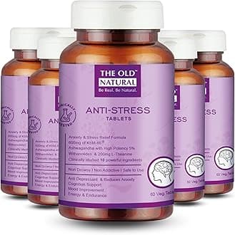 The Old Natural Anti Stress Tablets - Ashwagandha Ksm 66 Extract, L-Theanine, Brahmi, Chamomile Combination (Pack of 5 Bottles)