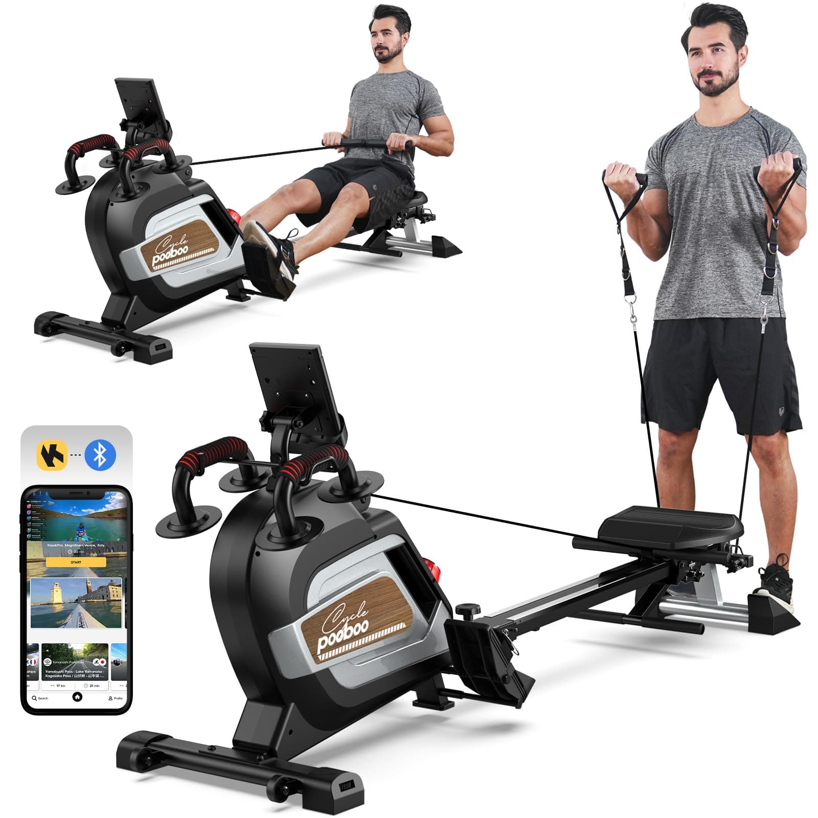 Magnetic Rowing Machine, Folding Rower with Combination Strength Exercise, Tablet Holder and Comfortable Seat Cushion, Rower for Home Use