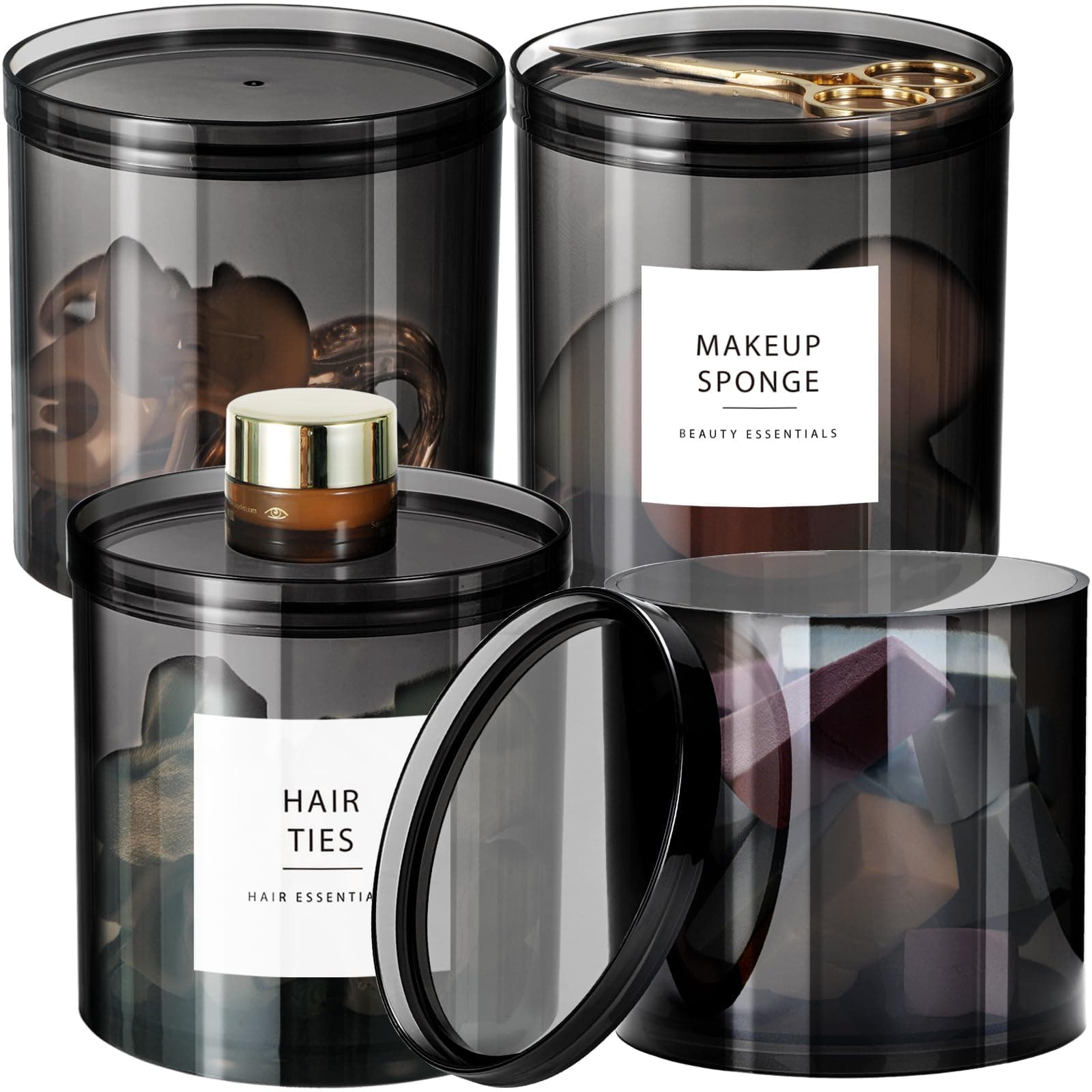 SheeChung 4-Pack Large 20oz Black Stackable Qtip Holder - Translucent Apothecary Jars with Storage Lids - Modern Bathroom Countertop Organizer for Cotton Balls, Pads, & Salts