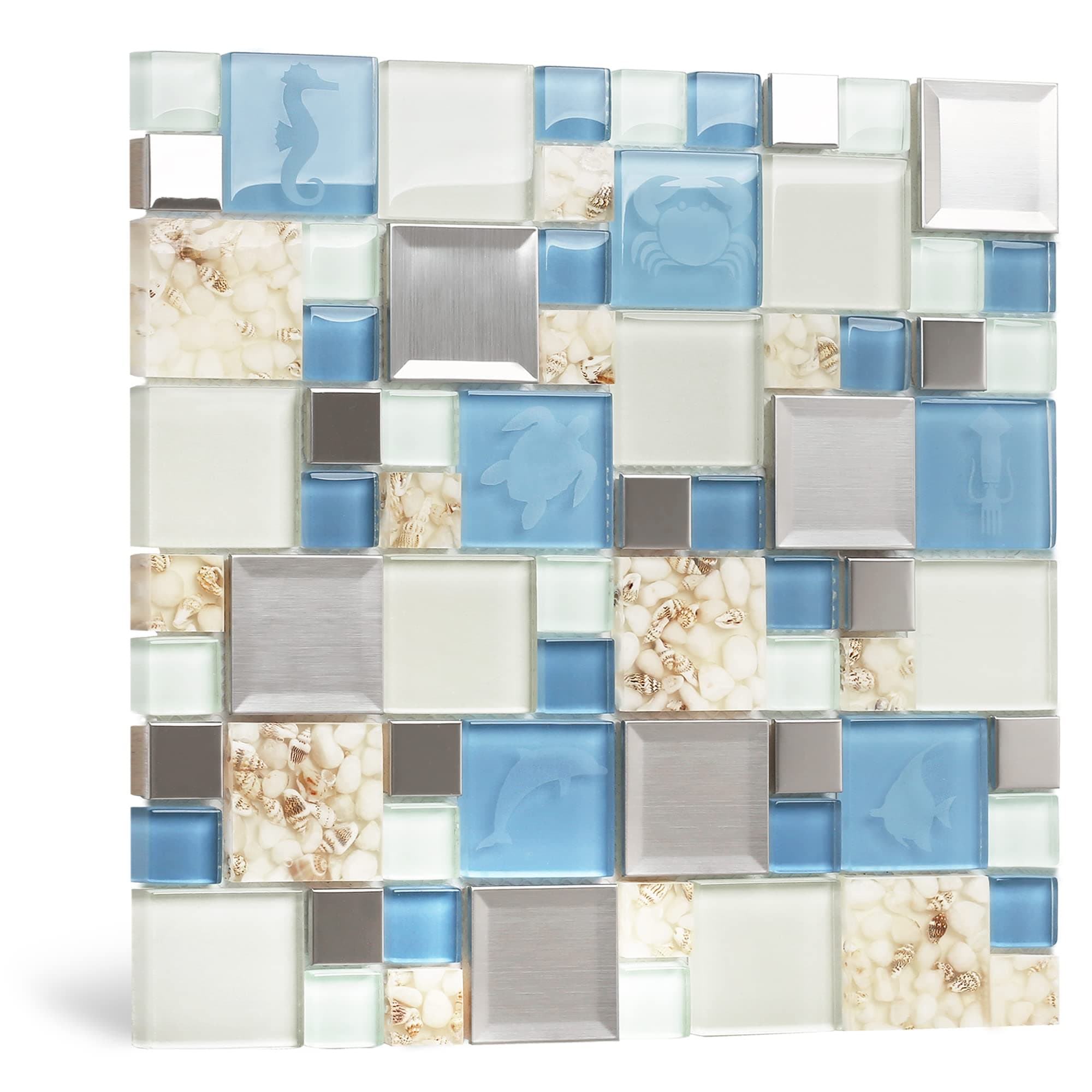 Blujellyfish Blue Sea Glass Tile Backsplash Beach Style Mosaic Tiles Real Seashell Inside (Pack of 5 Sheets)