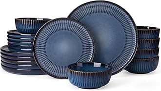 Starlight Plates and Bowls Dishes Set of 6 (18 Pieces), Ribbed Textured Stoneware Dinnerware Sets- Dishwasher & Microwave Safe, Chip & Scratch Resistant, Starry Blue