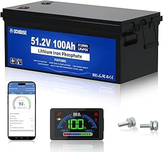 DCHOUSE 48V 100AH Golf Cart Battery, Bluetooth, integrated BMS 200A, LCD display and mobile APP, peak current 600A, up to 15,000 deep cycles, lithium battery for Solar Systems, Campers