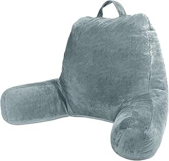 Sasttie Reading Pillow, Velvet Back Pillow for Bed Sitting Up, Adult Back-Rest Support Cushion with Arms for Sit Up on Couch, Sofa, and Floor, Dorm Essentials, Reading Accessories, Bluish Grey