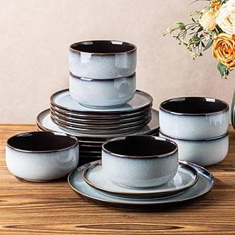 LeRATIO Ceramic Dinnerware Set of 4, Poreclain Plates, Bowls, Handmade Reactive Glaze Dishes, Chip Resistant, Oven & Dishwasher Safe, Service for 4-Gray White