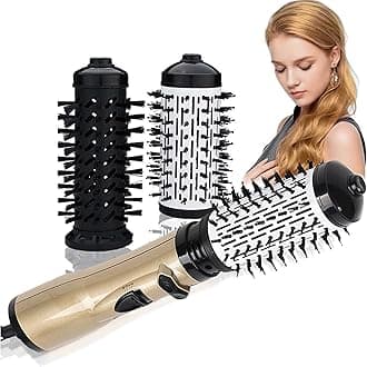 3 in 1 Hot Air Styler and Rotating Hair Dryer Hair Dryer and Blow Dryer Brush in One 2 Interchangeable Brushes for Dry and Wet Hair, Auto Rotating Curling Hot Hair Brush (Gold)