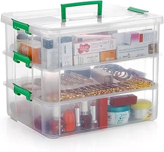 PALAK Plastic Storage Box - Transparent Rectangular Multi Utility Detachable,Portable&Stackable Space Saving Organiser With Lid For Medicine,Jewelry,Arts & Crafts,Buttons,Beads (3 Tier,Green)
