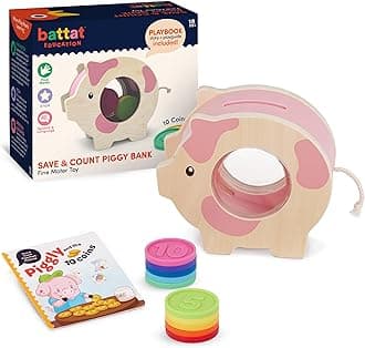 Battat Education 62243452343 Piggy Bank Toy for Learning to Numbers with 10 Coins and Exercise Book in English - Educational Game Preschool for Children from 18 Months, Colourful, L
