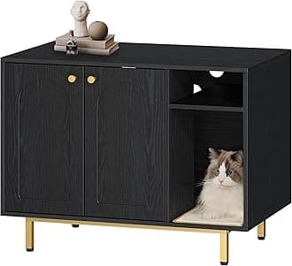 Hzuaneri Cat Litter Box Enclosure Enclosed, Hidden Litter Box Cabinet Furniture with Storage, Wooden Indoor Cat House Large, Modern End Table for Living Room Entryway, Black and Gold CB01504G