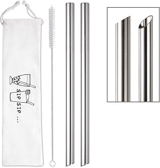 [Angled Tips] 2 Pcs Jumbo Reusable Bubble Tea Straws & Smoothie Straws, 0.5" Wide Stainless Steel Straw, Metal Straw for Boba, Tapioca Pearl, Milkshakes,Smoothies | 1 Cleaning Brush & 1 Case