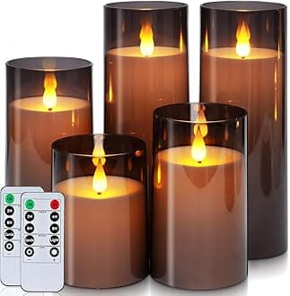 Homemory Gray Flickering Flameless Candles, Battery Operated Acrylic LED Pillar Candles with Remote Control and Timer, Halloween Decor, Set of 5