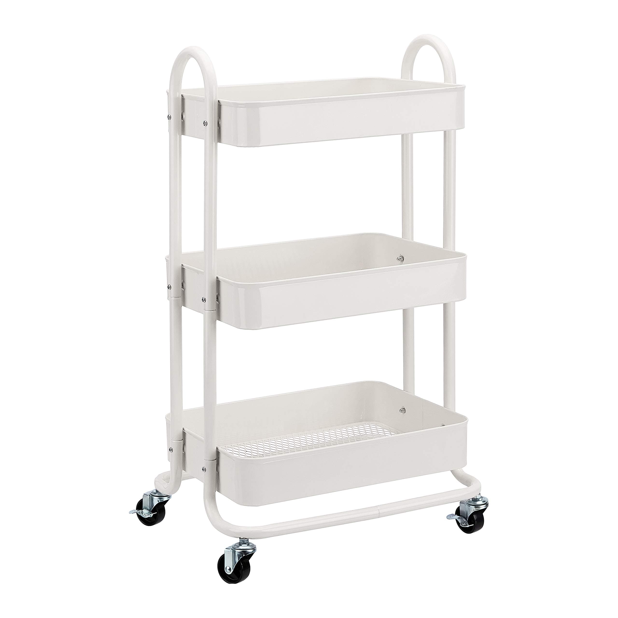 Amazon Basics 3-Tier Rolling Utility Cart, Storage Organizer, Lockable Wheels, Multifunctional Storage, Portable Mobile Shelving Unit, White