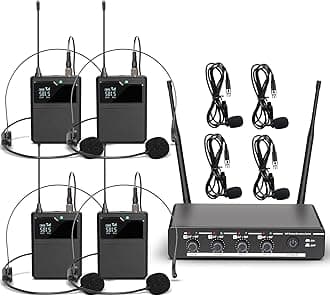 R6 Professional Wireless Microphone UHF System 4 Channel with Wireless lavalier Headset Microphone, Metal Receiver, Perfect for Singing, Karaoke, Parties, Weddings
