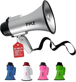 Pyle Portable Megaphone Speaker Siren Bullhorn - Compact, Battery Operated, 30W Power, Microphone, 2 Modes, PA Sound, 1200 Yards Range, Foldable Handle for Cheerleading and Police Use - (Silver)