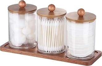 Tbestmax Qtip Holder with Vanity Tray, Clear Bathroom Containers Dispenser for Storage Cotton Swab/Ball/Pad Holder Wood Lids