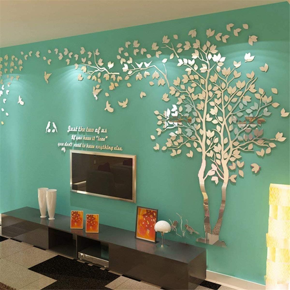 3D Tree Wall Stickers - DIY Tree and Birds Wall Decals Family Couple Tree Stickers Murals Wall Décor for Nursery Living Room Bedroom TV Background Home Decorations(Silver Right,XL-158X79in)