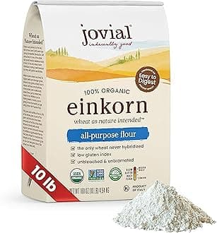 Jovial Organic Einkorn Unbleached All Purpose Flour - Bread Baking Flour for Sourdough, High Protein, Non-GMO, Organic Pizza & Pasta, European Italian, Glyphosate Free - 10 Lb