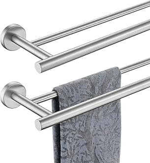 JQK Double Towel Bar 27 Inch, Brushed Steel Useable Length 24 Inch 304 Stainless Steel Thicken 0.8mm Bath Towel Rack for Bathroom, Towel Holder Wall Mount 2 Pack, TB100L24-BN-P2