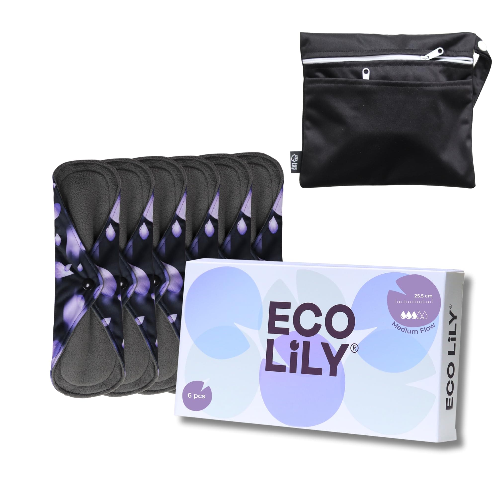 Reusable Sanitary Pads - Sanitary Towels - Period Pads (6Pk for Medium Flow) – Leakproof Odour-Absorbing Charcoal Bamboo Pads with Waterproof Wet Bag