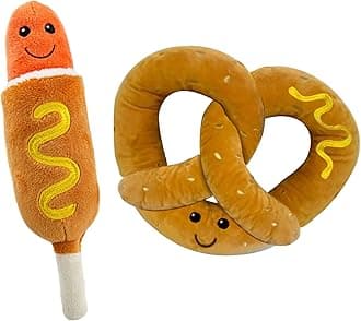Giftable World Pet Plush Pet Toy Fruits, Cupcakes, Ice Creams, Mug with Squeaker Dog Chew Toy (8" Corn Dog & Pretzel)