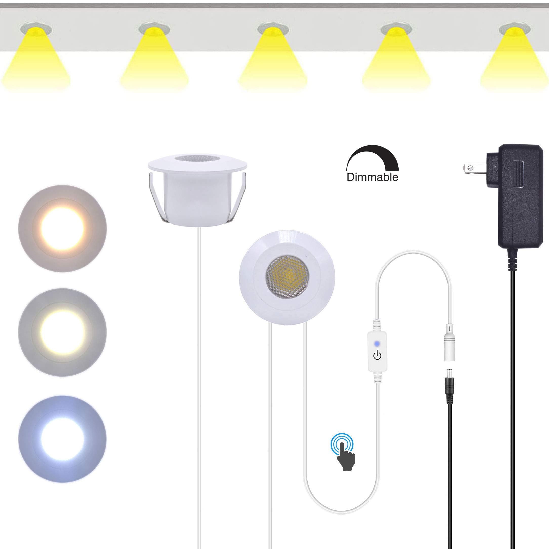 6 Bulbs 16Ft 2W 12V LED Mini Recessed Downlight Under Cabinet Spotlight Ceiling Crown Molding Light Parallel Connection String Light Plug & Play Kit (Cool White 6000K)