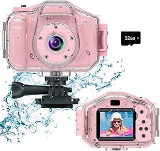 DEKER Kids Waterproof Camera for Girls, Christmas Birthday 3-12 Year Old Boys Toddler Toys Gifts, Mini Underwater Children HD Digital Action Cameras, 2 Inch IPS Screen with 32GB Card (Pink)