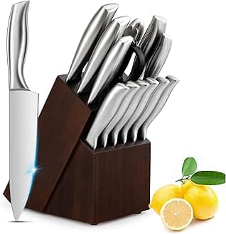 Knife Set, 14 Piece Kitchen Knife Set with Block, Chef Knife set with Sharpener, Serrated Steak Knives, High Carbon Stainless Steel Knife Sets Bread Knife Cooking Knives Sets (Senior Silver)