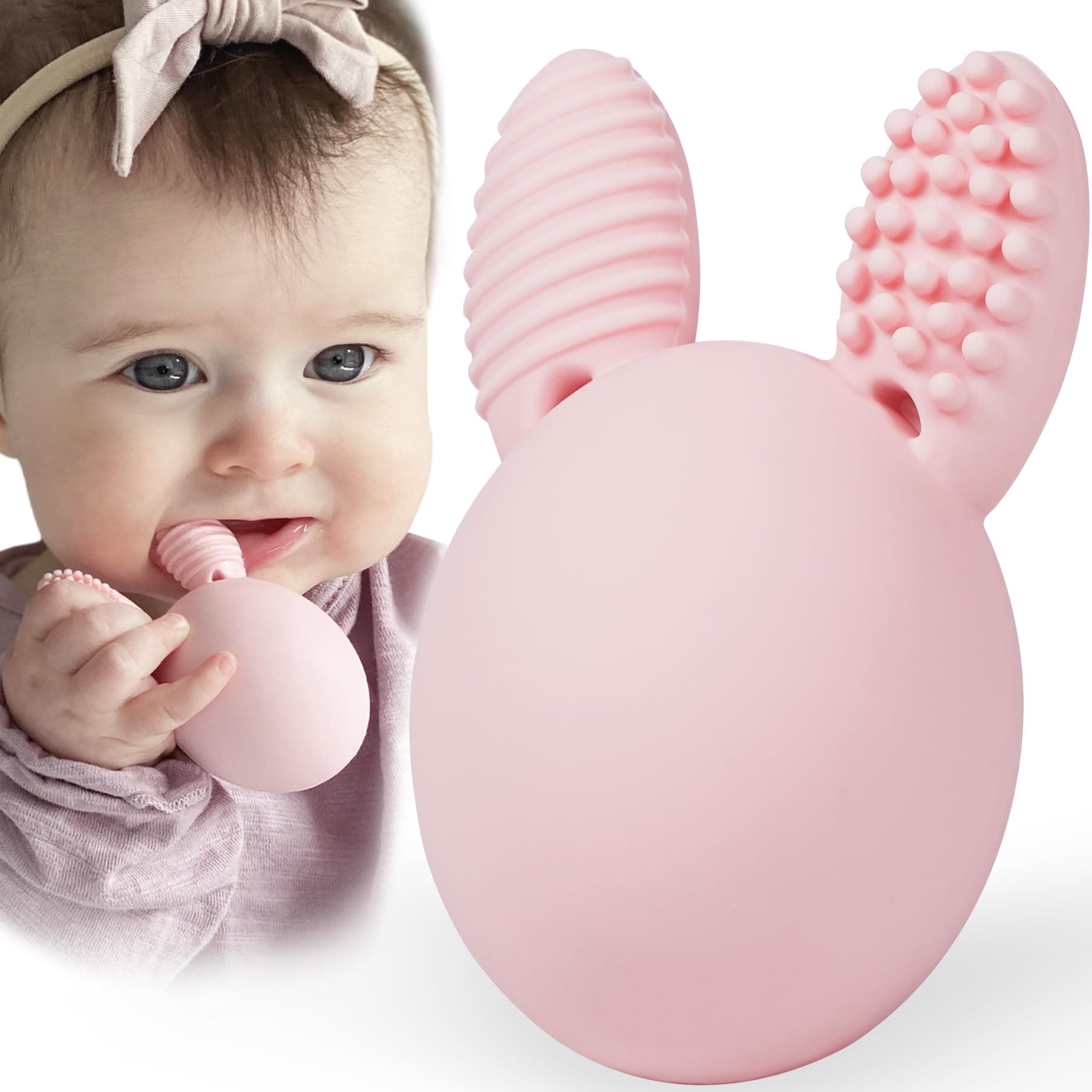 - Bunny Eggy Teether Baby Teething Toy Rabbit Egg Rattle Toy Teething Pain Relief for Babies Boys Girls - Pink