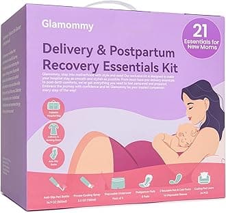 Glamommy Upgraded Postpartum Recovery Essentials Kit for Women, Nursing Gown, Luggage Bags, Socks, Peri Bottle, Cooling Spray, Disposable Underwear, Postpartum Pads, Hot&Cold Packs, Cooling Liners
