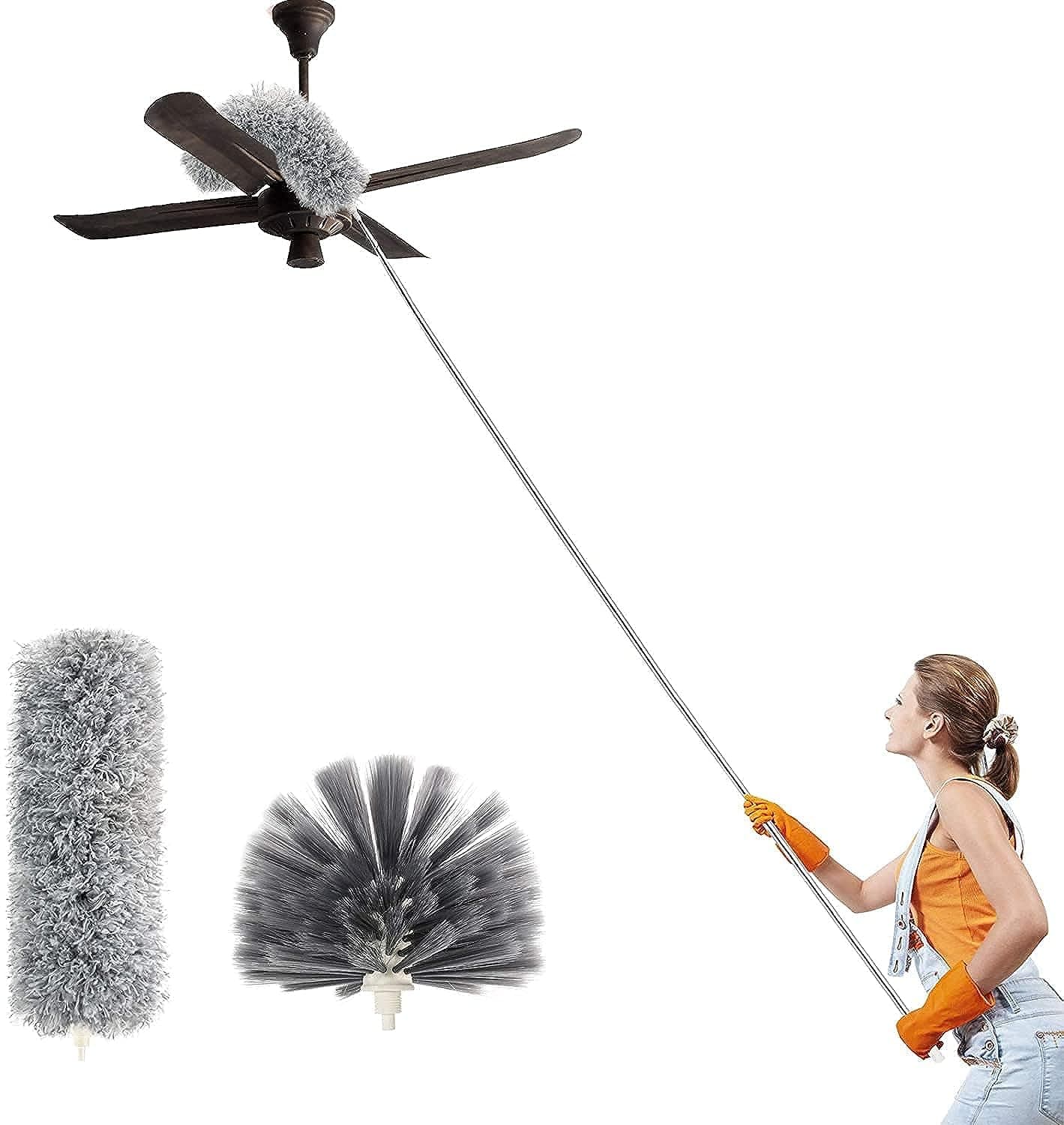 Duster with Extra Long Extension Pole,Womdee Microfiber & Cobweb Double Replacement Heads Extendable Dusters for Cleaning High Ceiling Fan, Cars