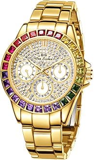 Women's Luxury Quartz Watch Waterproof Rainbow Color Design Round Dial Stainless Steel Band