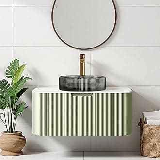 30" Solid Wood Bathroom Vanity with Sink, Floating Bathroom Cabinet with Ultra-Thin Transparent Glass Sink and Marble Countertop, Large Storage Drawer, No Assembly Required, Light Green