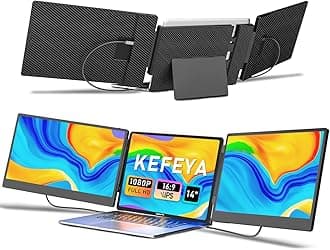 KEFEYA Laptop Screen Extender, 14" FHD 1080P IPS Triple Portable Monitor for Laptops 13-17" with USB-C/HDMI Port, Laptop Monitor Extender for Windows/Mac/Chrome/Surface/Switch/PS5, Plug n Play