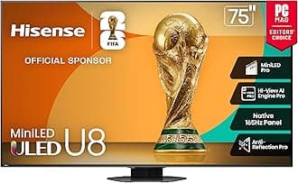 75" Class U8 Mini-LED ULED 4K UHD Google Smart TV (75U8QG, 2025 Model) - QLED, Native 165Hz, VRR 288, Up to LD5600, 5000 Nits, HDR10+, Dolby Vision IQ · Atmos, IMAX Enhanced, 4.1.2 Ch Audio