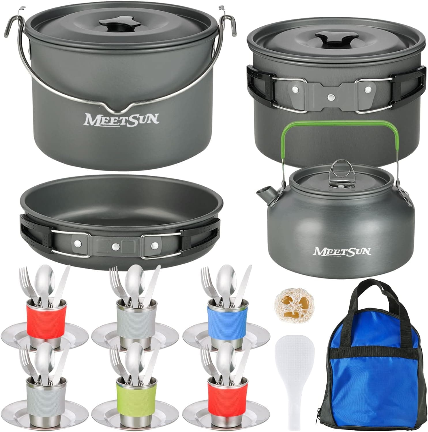 MEETSUN Camping Cookware Set - 37 PCs, Large Size Hanging Pot with Camping Pots and Pans, Camp Cooking Set for 6 People, Mess Kit with Cups, Dishes, Forks, Spoons, Knives for Outdoor Picnic