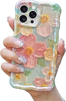 Cute Case Compatible with iPhone 16 Pro Max, Colorful Retro Oil Painting Printed Flowers Case, Floral Laser Beam Glossy Pattern Curly Waves Frame Shockproof Protective Cover for Girl Women