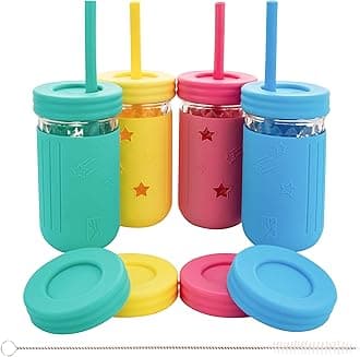 Elk and Friends Kids & Toddler Cups | The Original Glass Mason Jars 12 oz with Silicone Sleeves & Straws | Smoothie Spill Proof Cups
