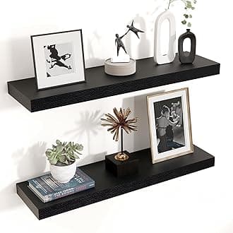 Venusmiles Floating Shelves for Wall 24 inch Long, Engineered Wood Wall Shelves with Invisible Brackets for Living Room Bedroom Bathroom Office Kitchen Decor and Storage, Black Finish, Set of 2