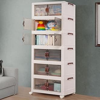 ABOUT SPACE Plastic Cupboard For Storage-6 Tier Diy Foldable Cupboard With Door,Caster&Roller Wheels|Kids Wardrobe For Clothes Collapsible Racks For Home Office Bedroom(L 48.5 X B 29 X H165Cm),Beige