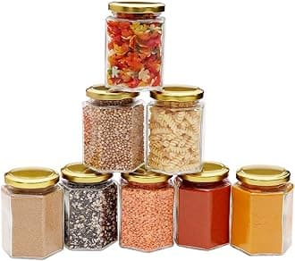Hexagon Glass Jar Container with Rust Proof Air Tight Lid Gold Metal for Kitchen Food Pickle Spice Jam/Ghee/Oil/Honey Storage 250ml (6)