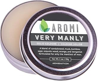 Aromi Solid Cologne for Men | Sandalwood, Musk, Woodsy Fragrance, Travel, Alcohol-Free, Wax-Based Scent, Vegan, Men's Gift, Stocking Stuffer (Very Manly)