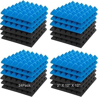 JBER Acoustic Sound Foam Panels, 24 Pack 2" X 12" X 12" Blue and Black Soundproofing Treatment Studio Wall Padding Sound Absorbing Fireproof Pyramid Acoustic Treatment…