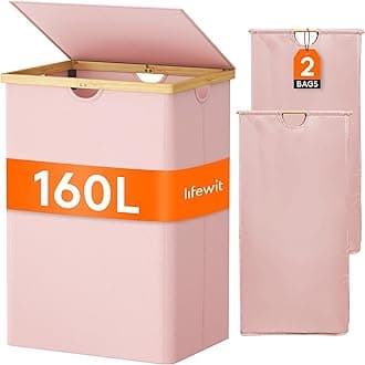 Lifewit 160L Double Laundry Hamper with Lid, Extra Large Bamboo Laundry Basket Dirty Clothes Hamper, 2 Section Laundry Bin Organizer for Laundry Room Bedroom with 2 Removable Liners & Bags, Pink
