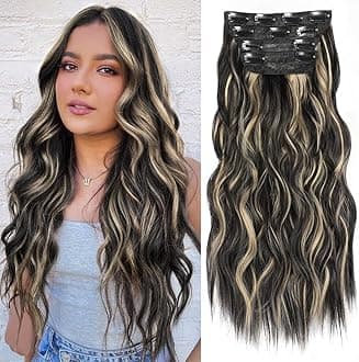 ALXNAN Clip in Hair Extensions for Women, Black Mix Blonde Long Wavy Hair Extensions Clip Ins 4PCS 20 Inch Synthetic Soft and Natural Thick Hair Pieces for Women