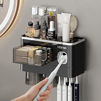 MOPMS Toothbrush Holders, Wall Mounted Toothbrush for Bathroom, Automatic Toothpaste Dispenser Squeezer with Magnetic Cups, Tooth Brushing Holder Drawer Storage Organizer Space Saver-2 Cups Black